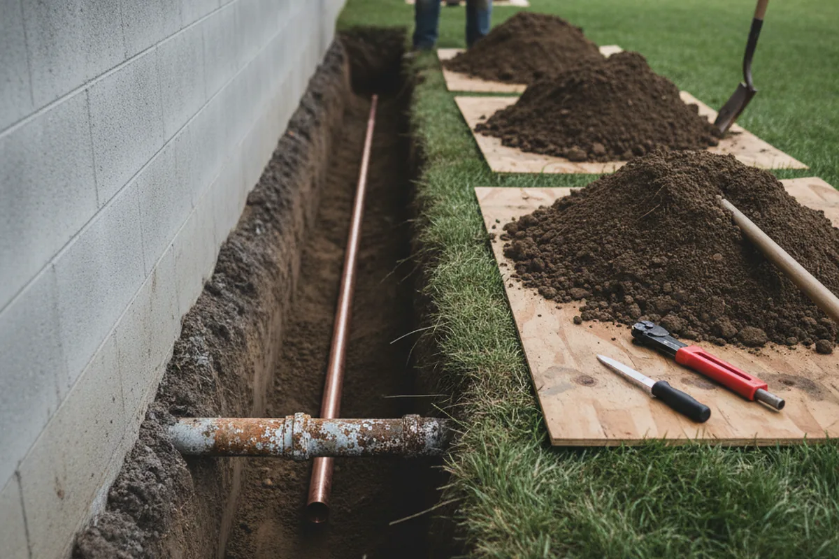 Excavated water line trench during Water Softener Installation in Kaplan